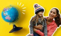 globe and young woman holding a child